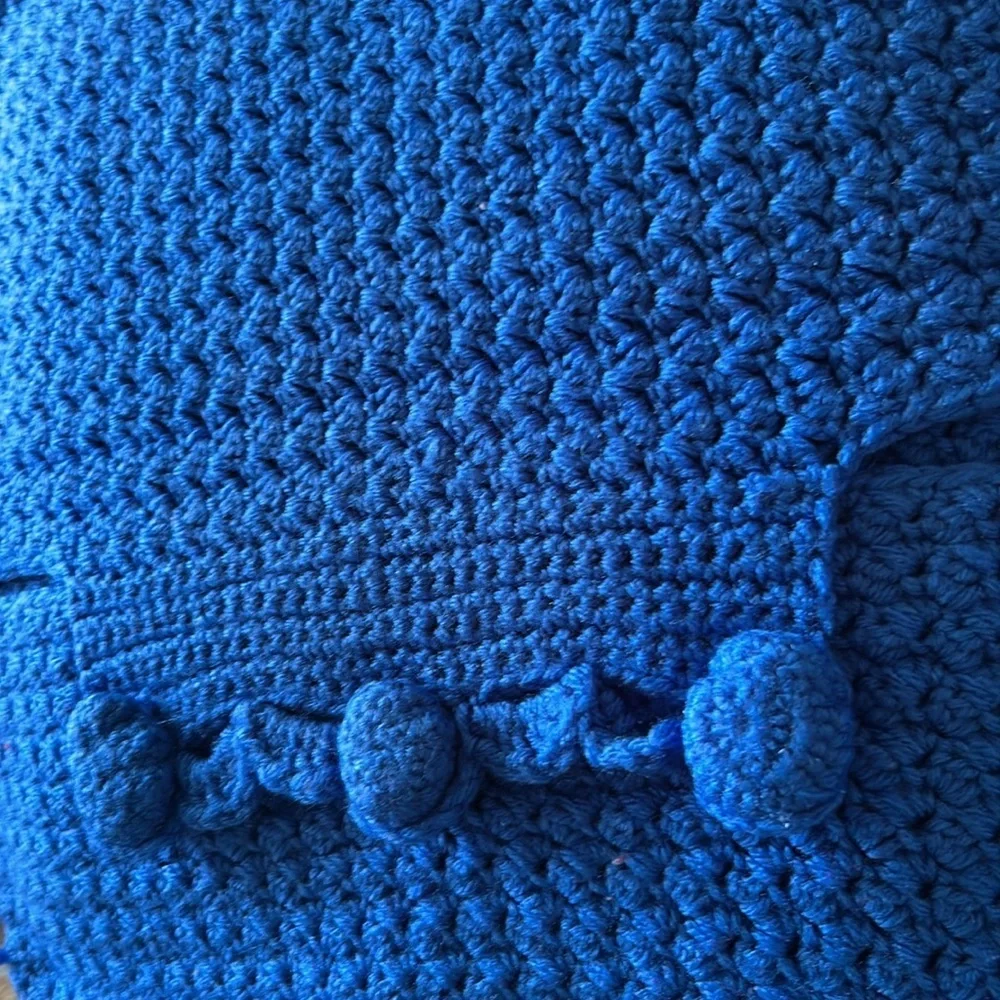 Hand Crafted Bright Blue Knit Throw Pillow Cover 18 x 18 Hand Crochet Heirloom